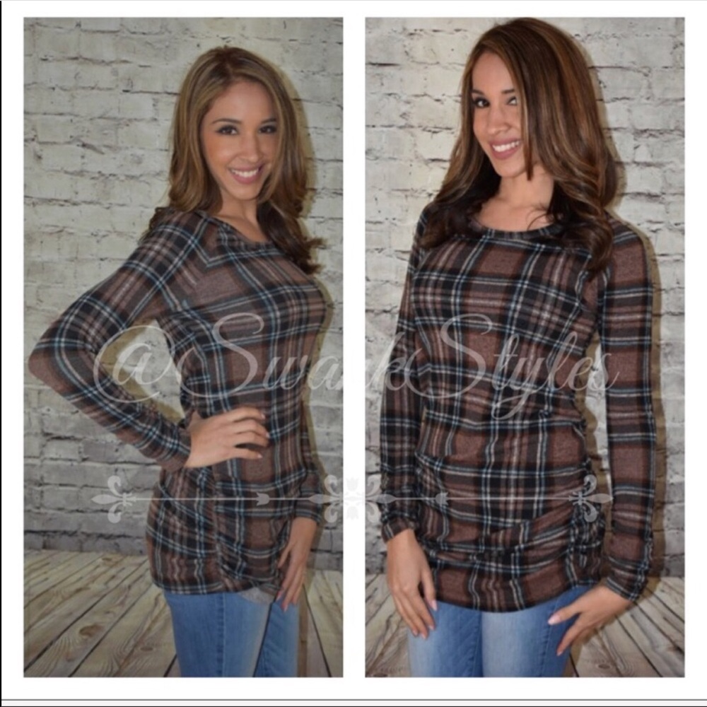 LAST 1❤️Long Sleeve Mocha Plaid Tunic Top - Picture 2 of 4
